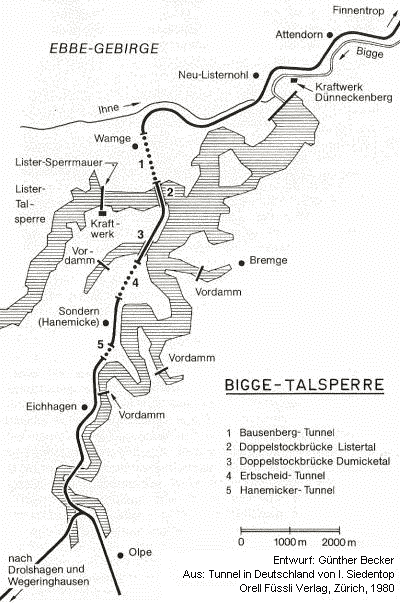 Karte der Bigge-Talsperre (Entwurf: G�nther Becker, aus Tunnel in Deutschland von I. Siedentop, Orell F�ssli Verlag, Z�rich, 1980)